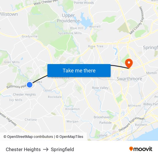 Chester Heights to Springfield map