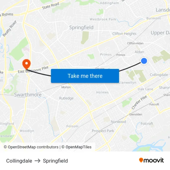 Collingdale to Springfield map
