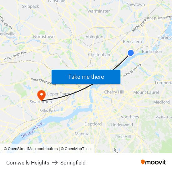 Cornwells Heights to Springfield map