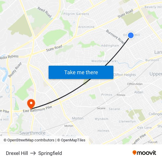 Drexel Hill to Springfield map