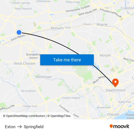 Exton to Springfield map