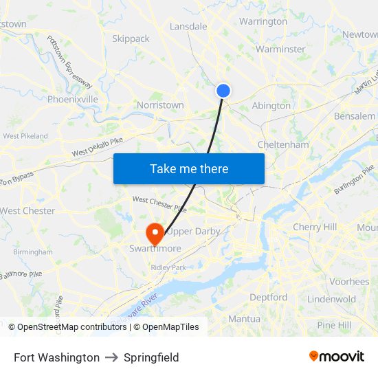 Fort Washington to Springfield map