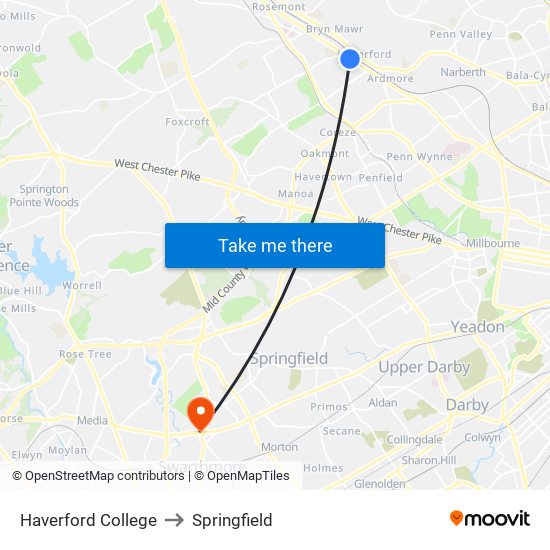 Haverford College to Springfield map