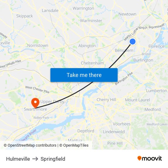 Hulmeville to Springfield map