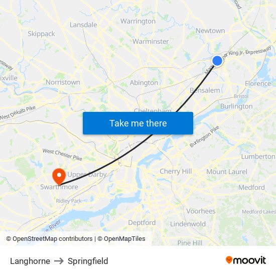 Langhorne to Springfield map