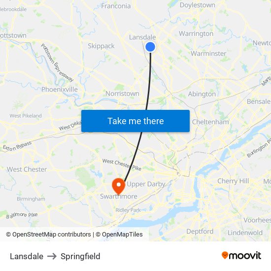 Lansdale to Springfield map