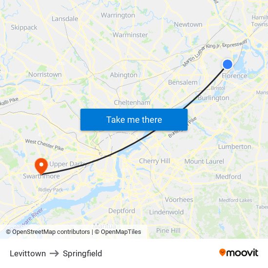 Levittown to Springfield map