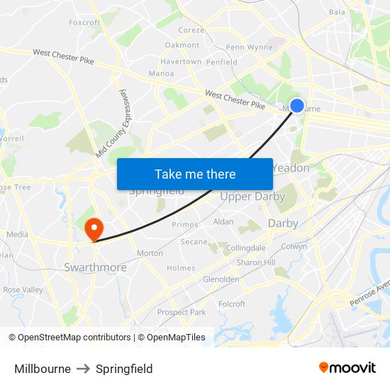 Millbourne to Springfield map