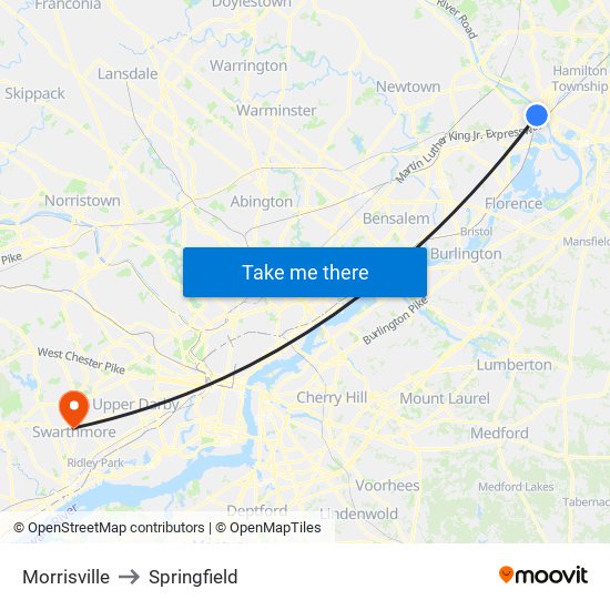 Morrisville to Springfield map