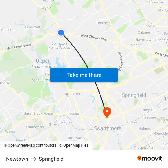 Newtown to Springfield map