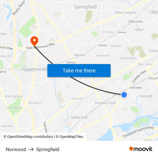 Norwood to Springfield map