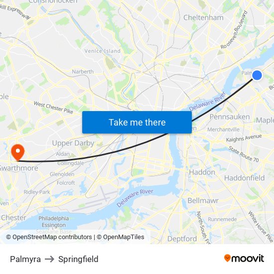 Palmyra to Springfield map