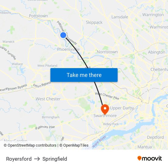 Royersford to Springfield map