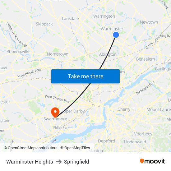 Warminster Heights to Springfield map