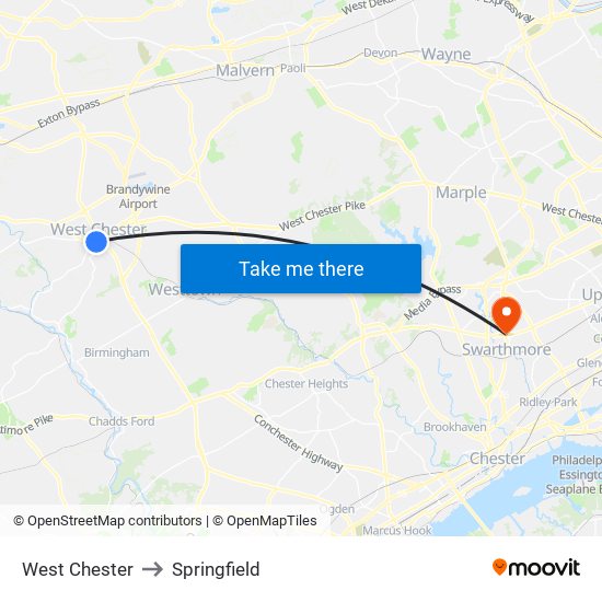West Chester to Springfield map