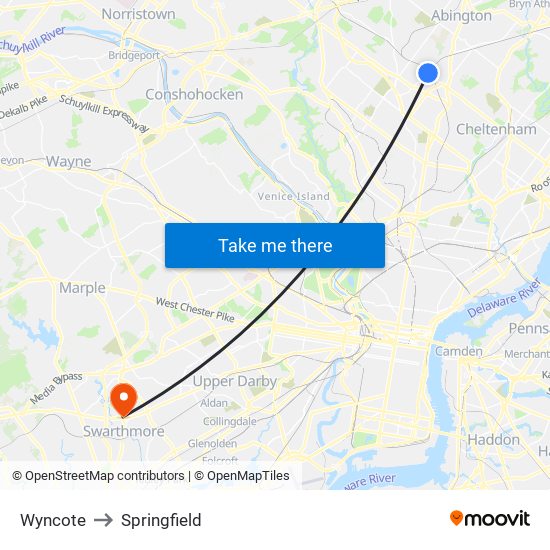 Wyncote to Springfield map