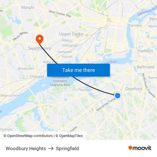 Woodbury Heights to Springfield map