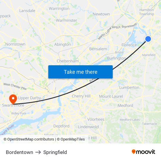 Bordentown to Springfield map