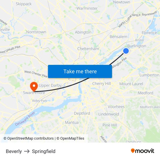 Beverly to Springfield map