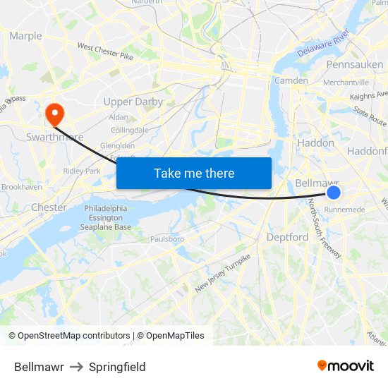 Bellmawr to Springfield map