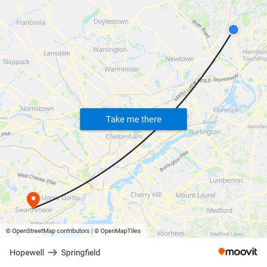 Hopewell to Springfield map