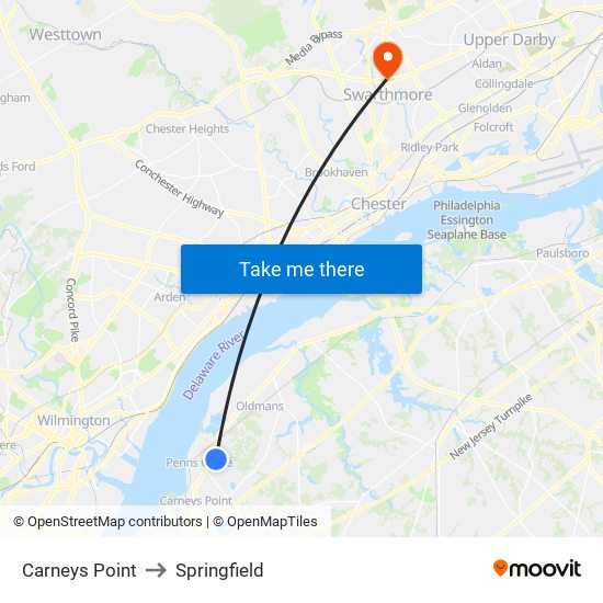 Carneys Point to Springfield map