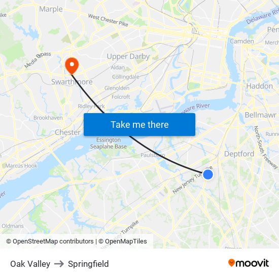 Oak Valley to Springfield map