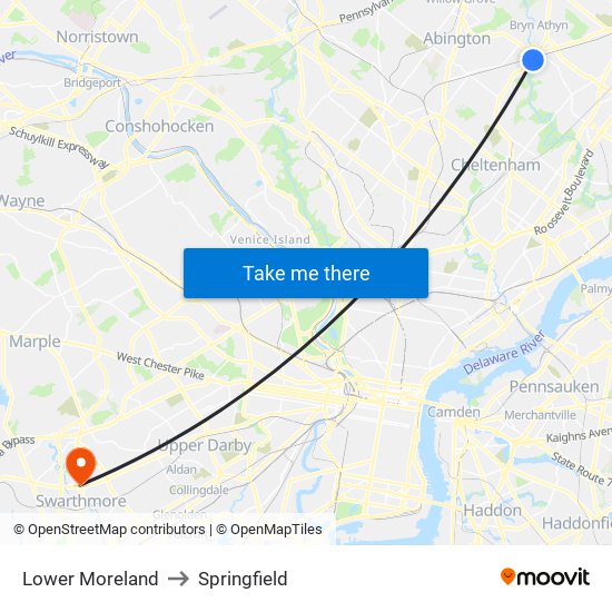 Lower Moreland to Springfield map