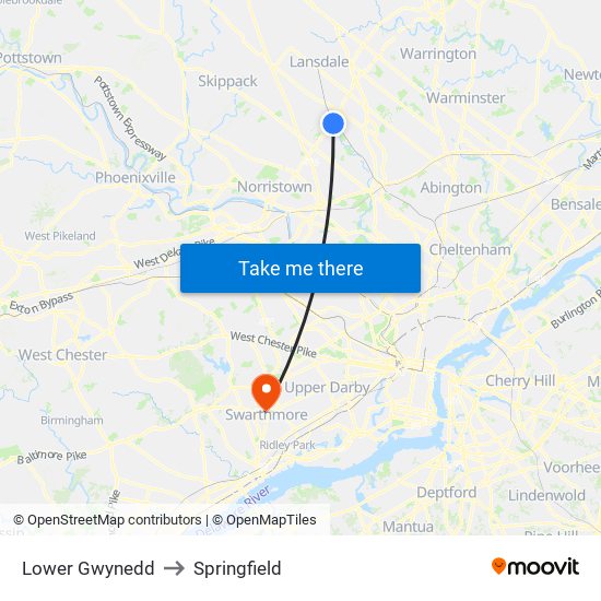 Lower Gwynedd to Springfield map