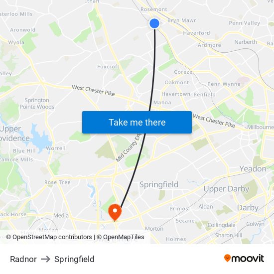 Radnor to Springfield map