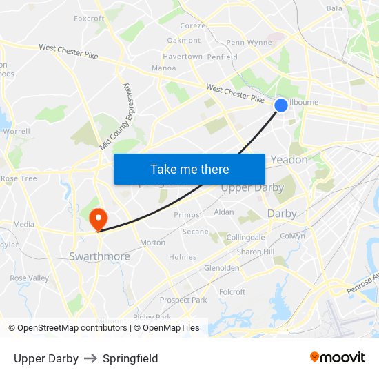 Upper Darby to Springfield map