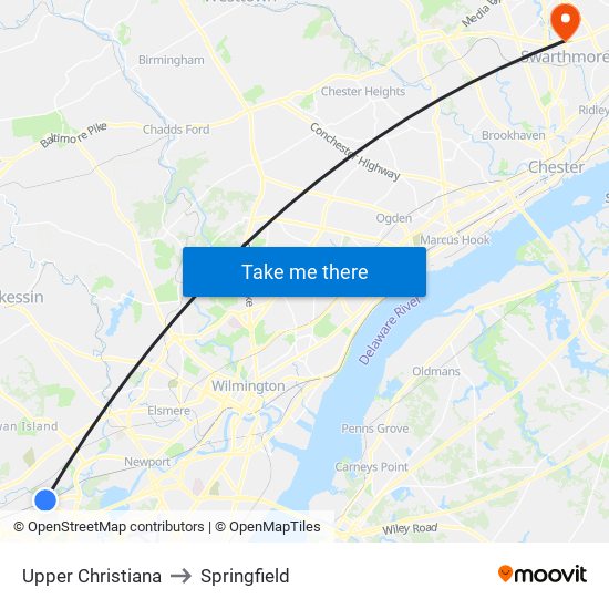Upper Christiana to Springfield map