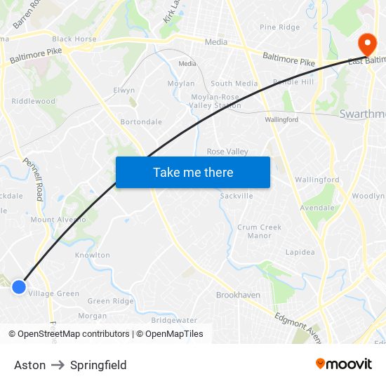 Aston to Springfield map