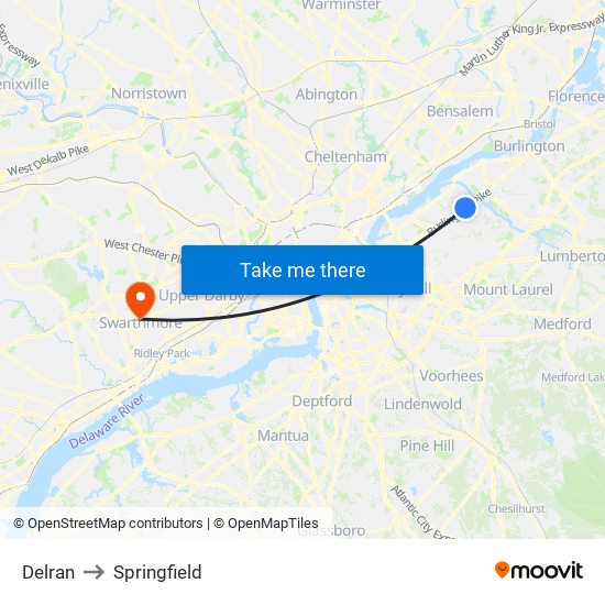 Delran to Springfield map