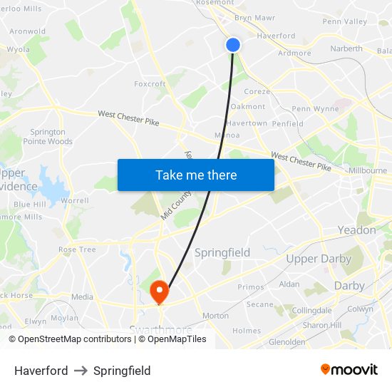Haverford to Springfield map
