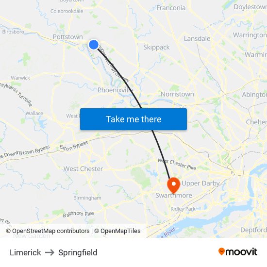 Limerick to Springfield map