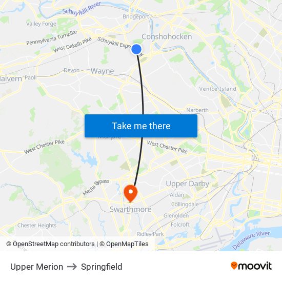Upper Merion to Springfield map