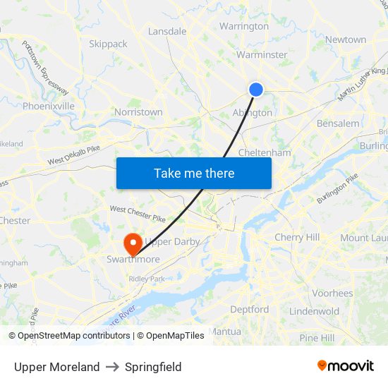 Upper Moreland to Springfield map