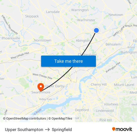 Upper Southampton to Springfield map