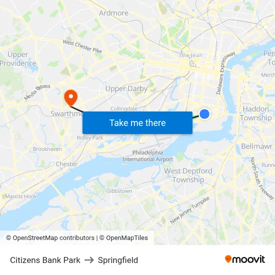 Citizens Bank Park to Springfield map