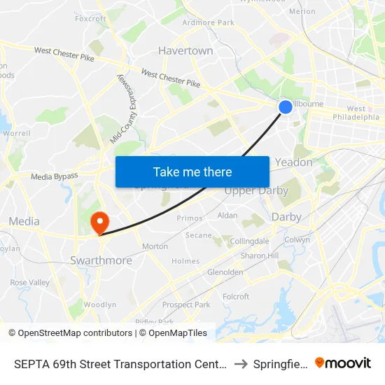 SEPTA 69th Street Transportation Center to Springfield map