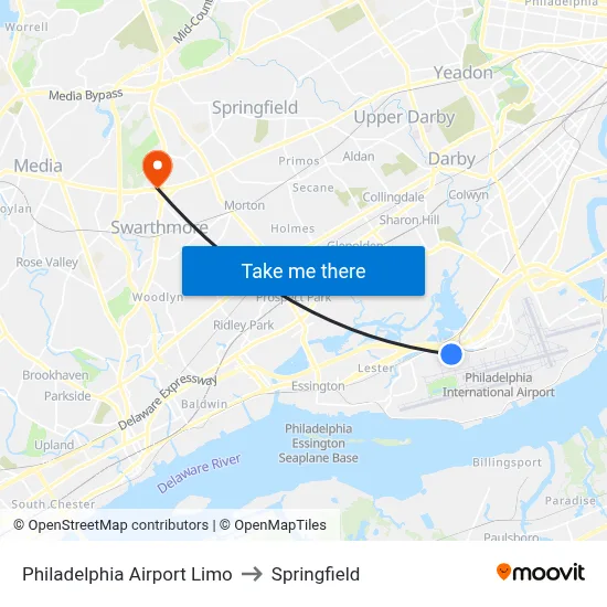 Philadelphia Airport Limo to Springfield map