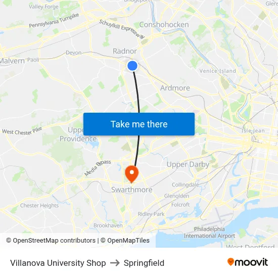 Villanova University Shop to Springfield map