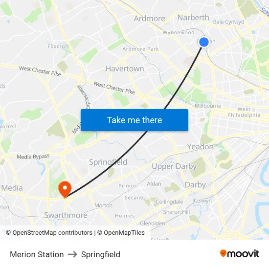Merion Station to Springfield map