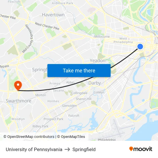 University of Pennsylvania to Springfield map