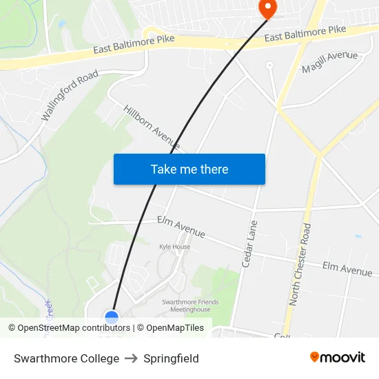 Swarthmore College to Springfield map