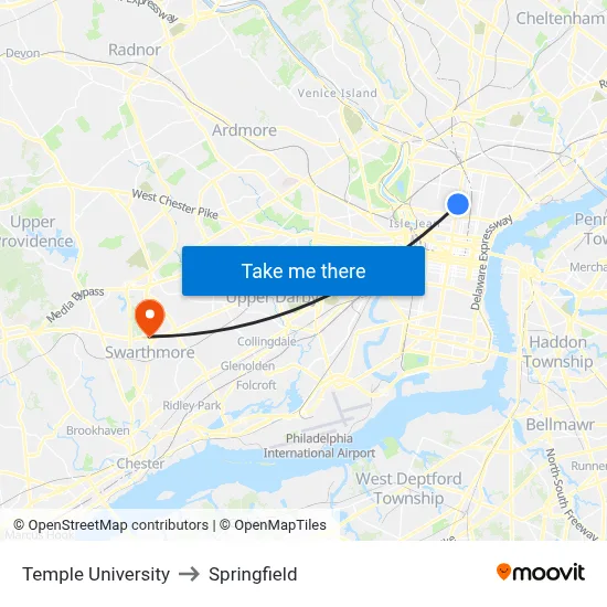 Temple University to Springfield map