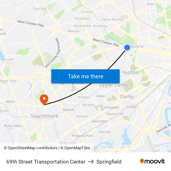 69th Street Transportation Center to Springfield map