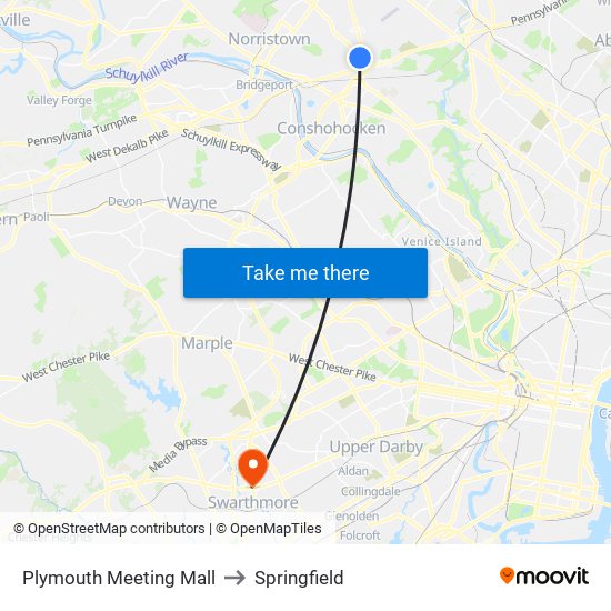 Plymouth Meeting Mall to Springfield map
