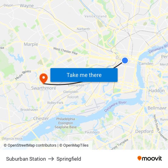 Suburban Station to Springfield map